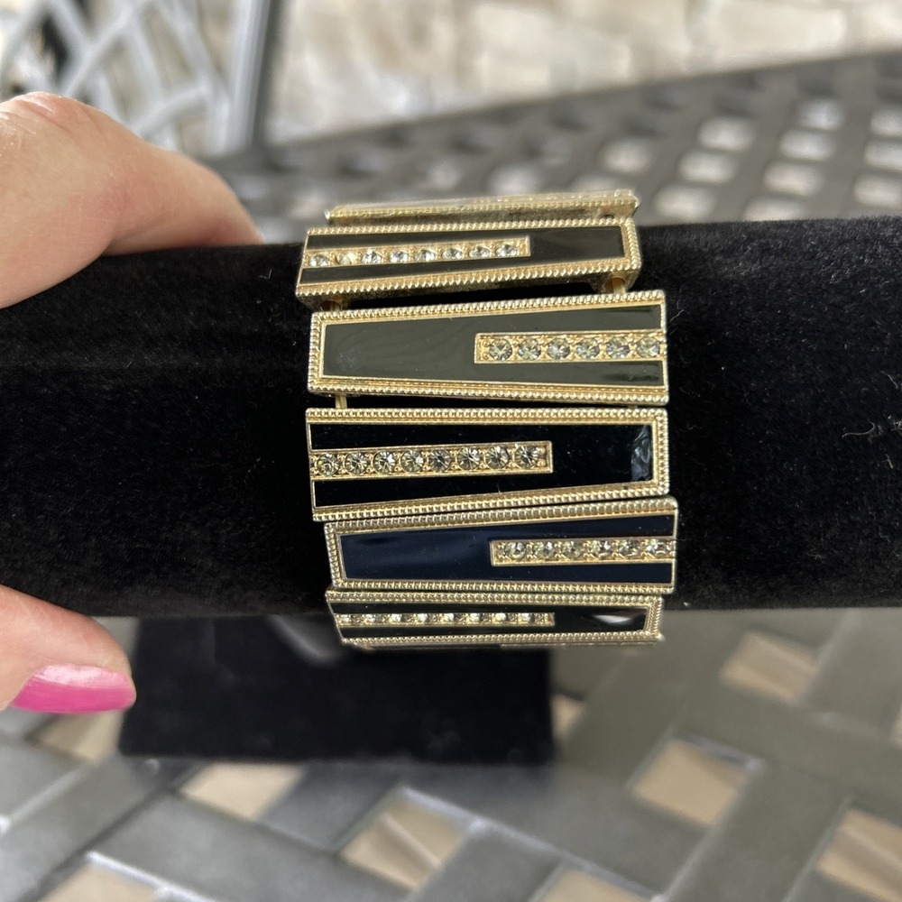 vintage art deco‎ Stretch Enamel Bracelet Black Rhinestones